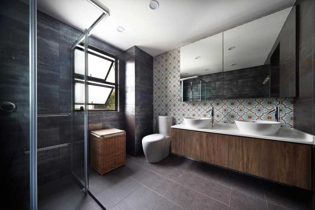 Eclectic Bathroom with Granite Floor and Mirror