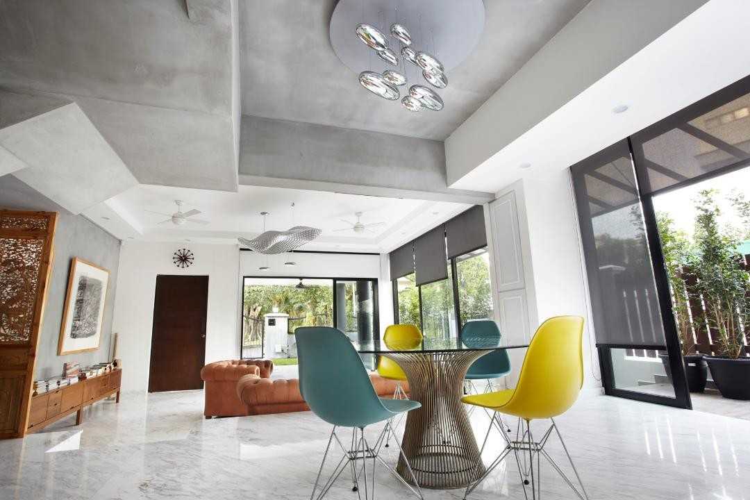 Eclectic Dining Room with Marble Floor and Dining Table