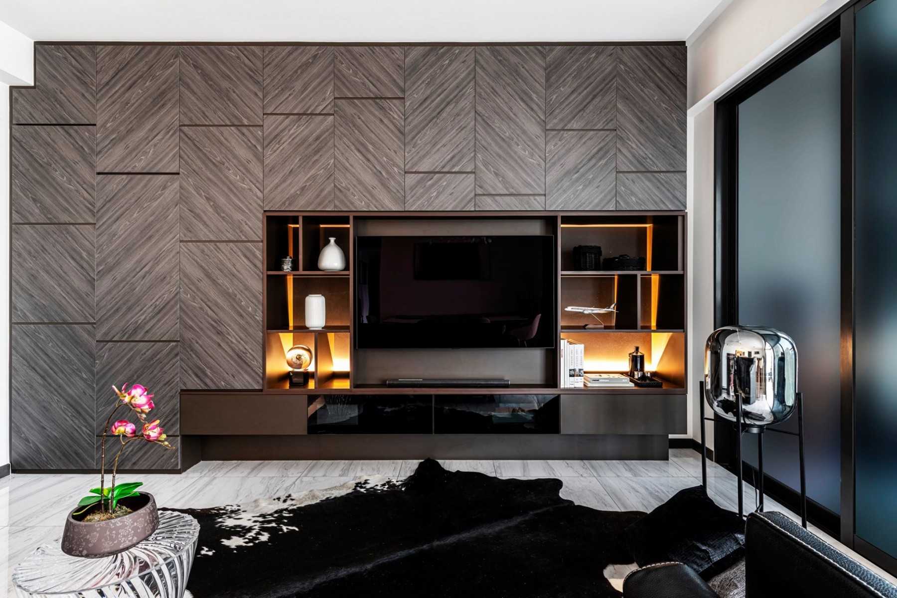 Contemporary Living Room with TV Console and Carpet