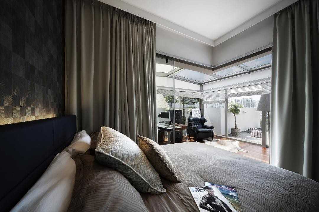 Eclectic Bedroom with Curtain and Room Divider