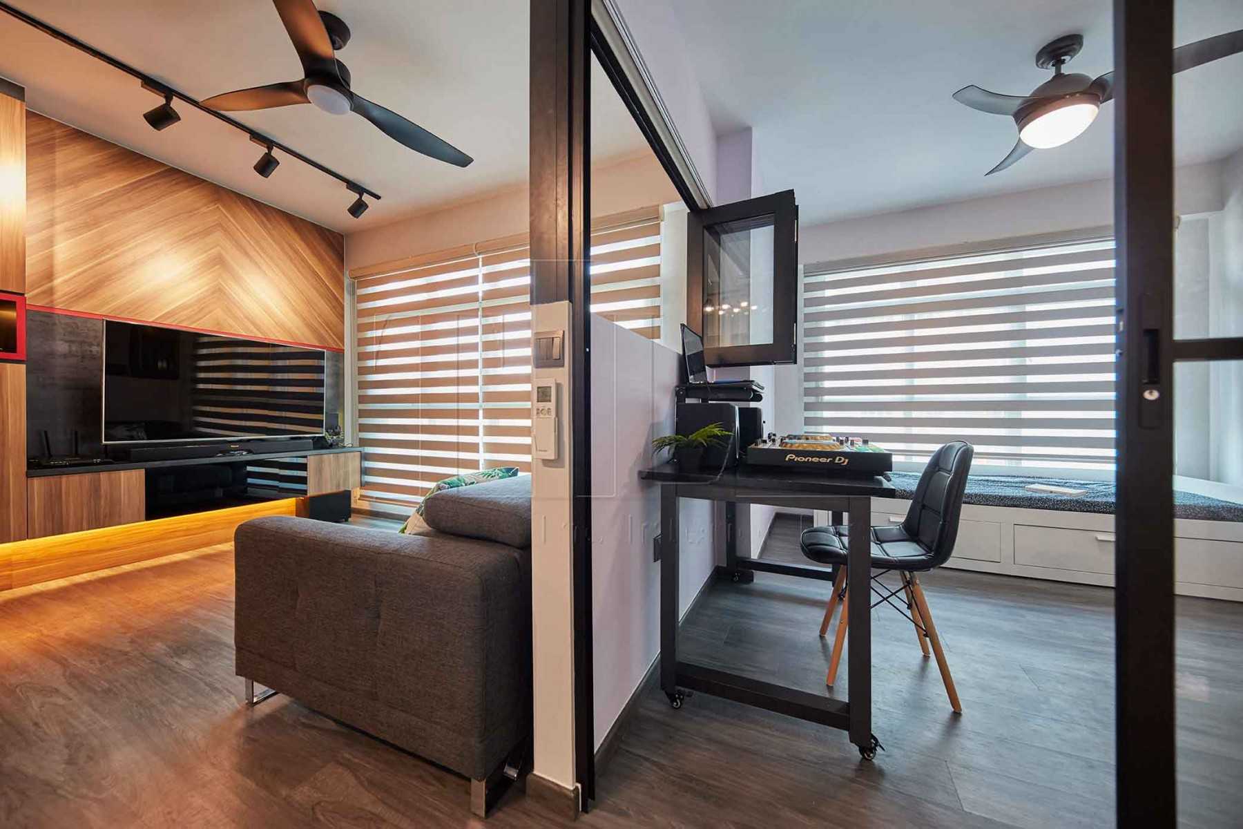Industrial Home Office with Feature Wall and Bay Window