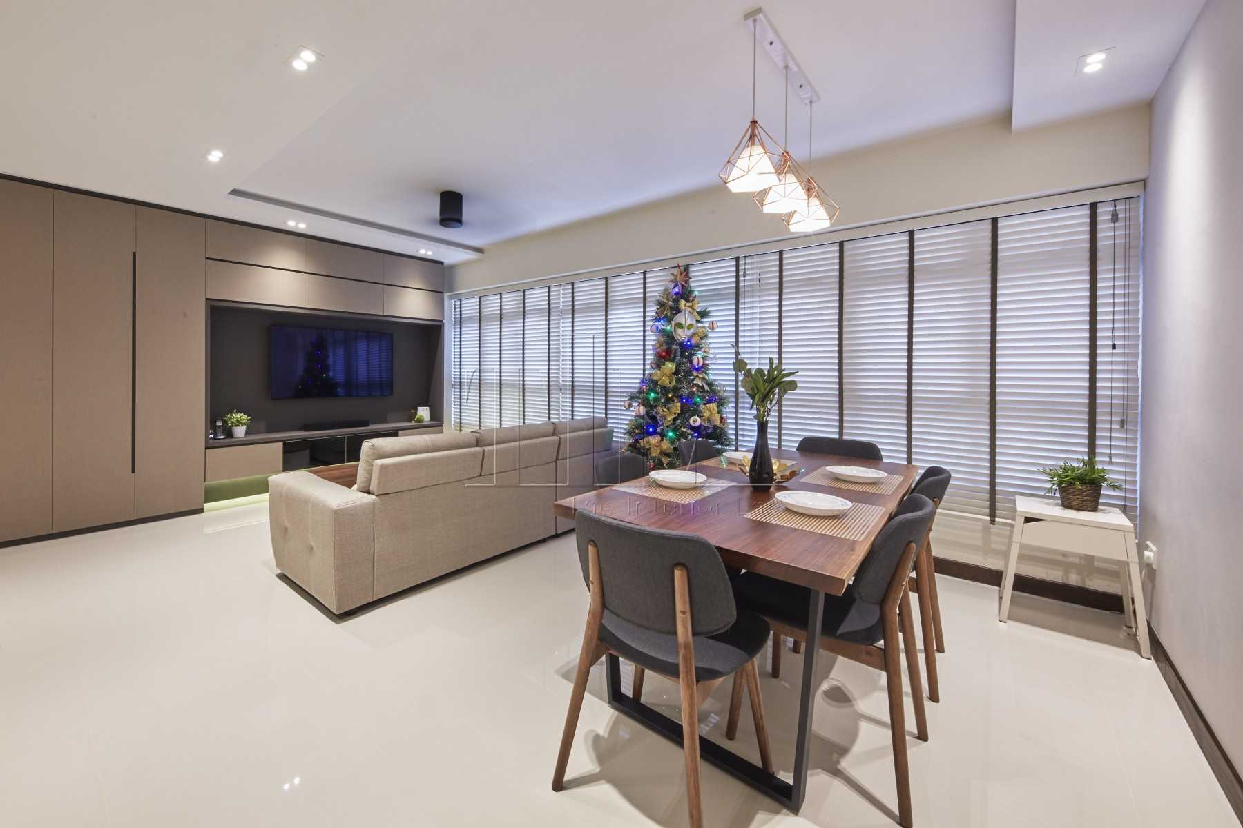 Contemporary Dining Room with Window Shutters and Dining Table