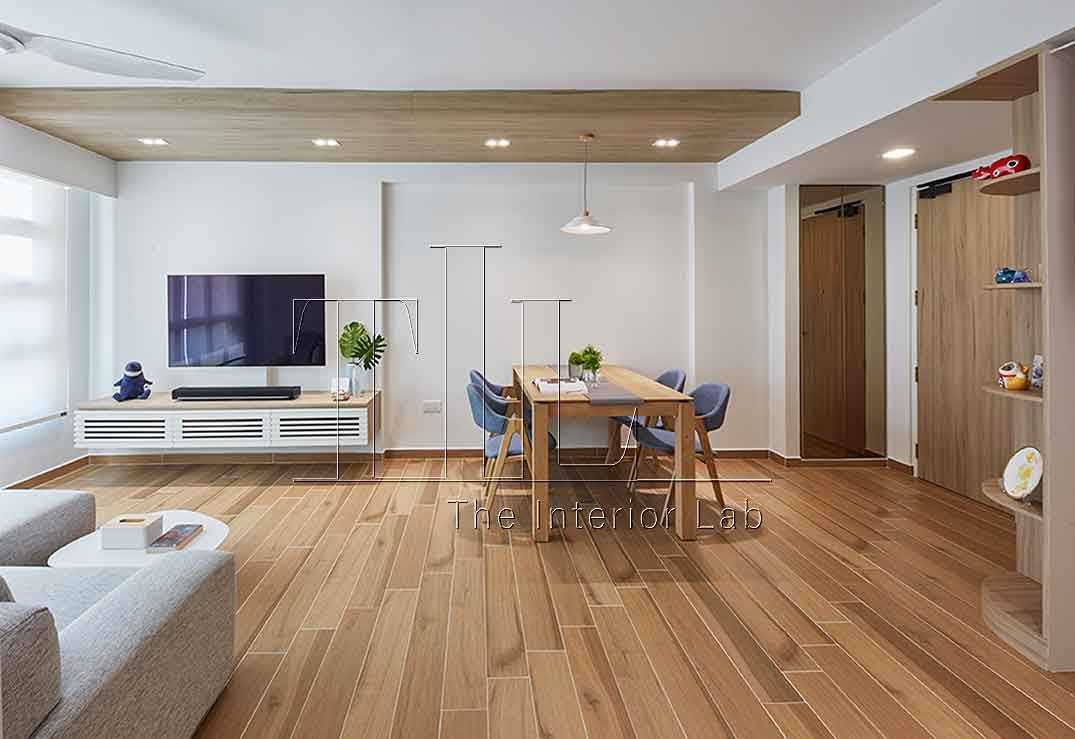 Scandinavian Living Room with Wood Flooring and TV Console