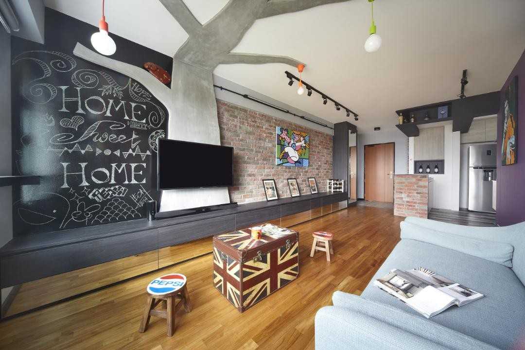 Eclectic Living Room with Feature Wall and Coffee Table