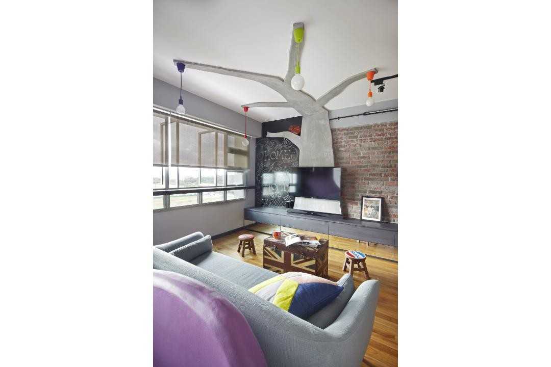 Eclectic Living Room with Feature Wall and Drop Light