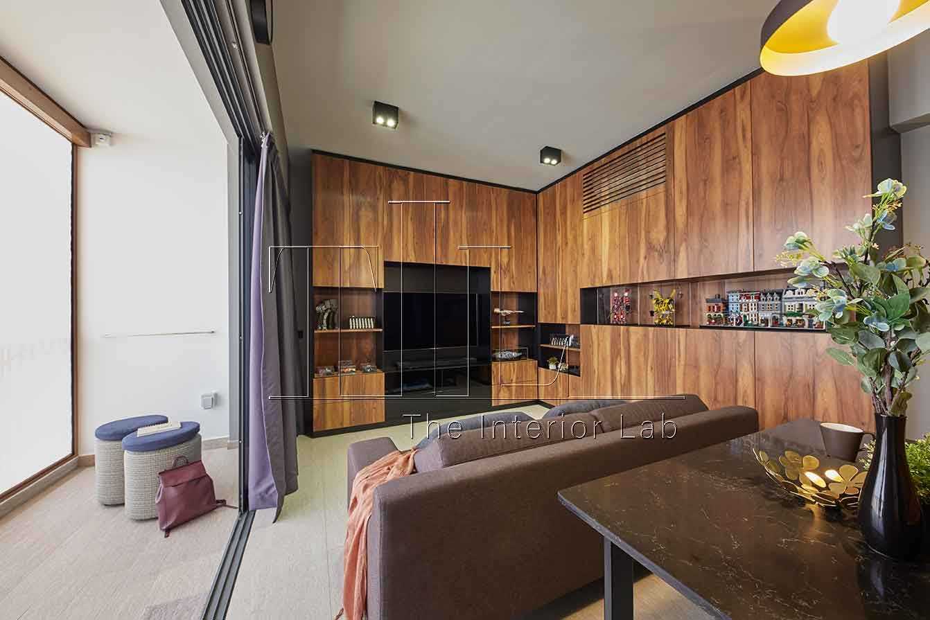 Contemporary Living Room with Homogeneous Tiles and TV Console