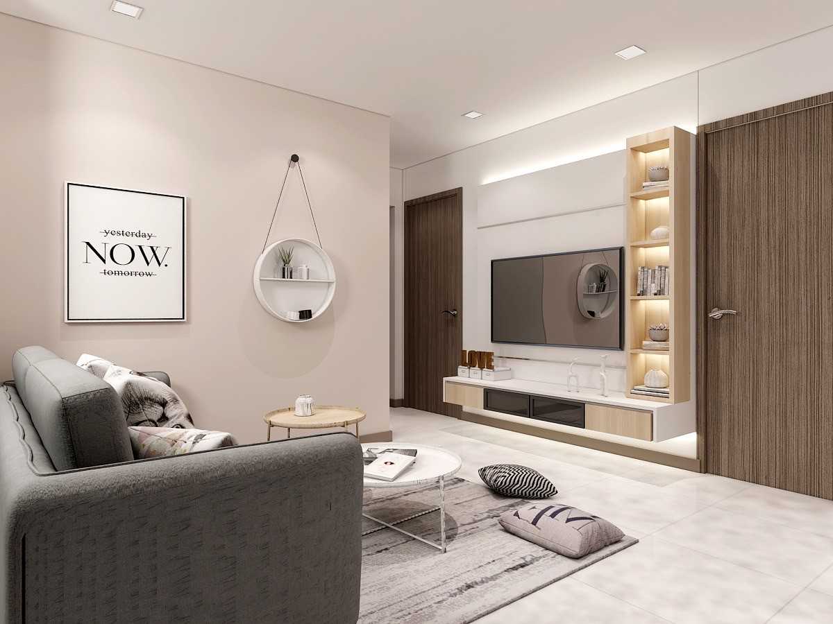 Contemporary Living Room with Homogeneous Tiles and Ceiling Light