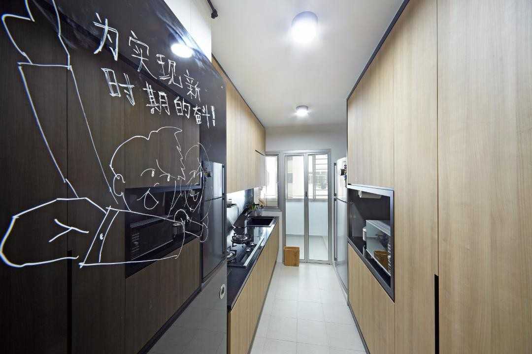 Scandinavian Kitchen with Kitchen Cabinets and Refrigerator