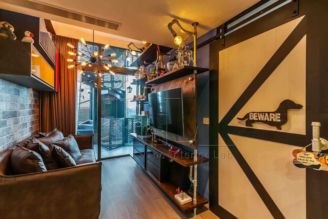Industrial Living Room with TV Console and Artwork