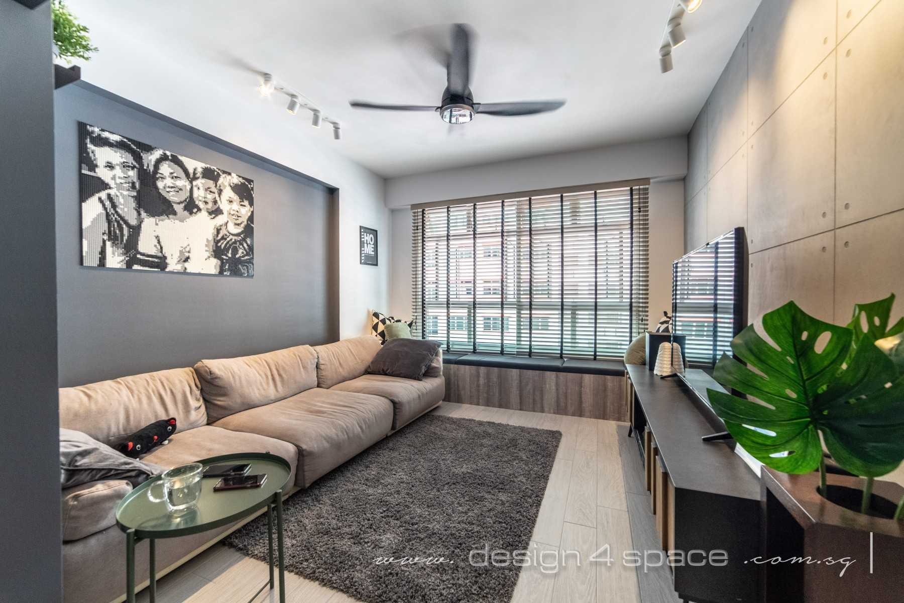 Industrial Living Room with Bay Window and Ceiling Light