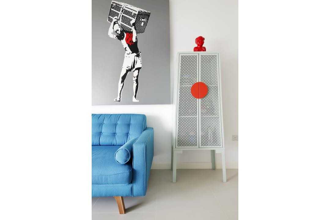 Transitional Living Room with Sofa and Paintings