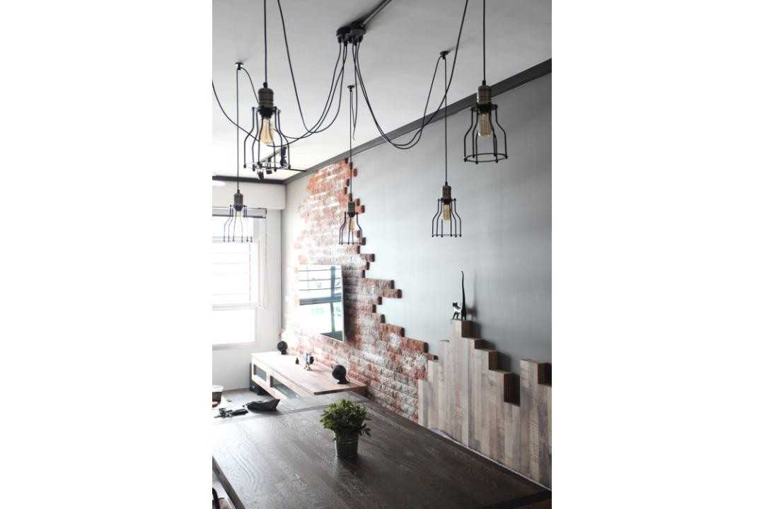 Industrial Dining Room with Feature Wall and Drop Light