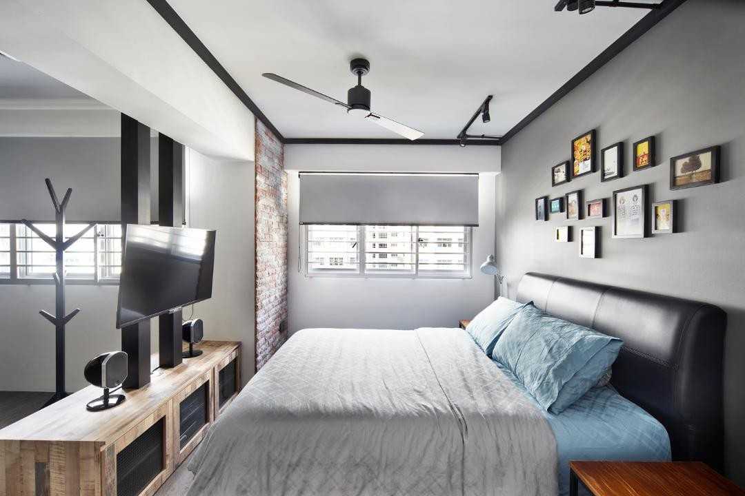 Industrial Bedroom with Feature Wall and Ceiling Fan