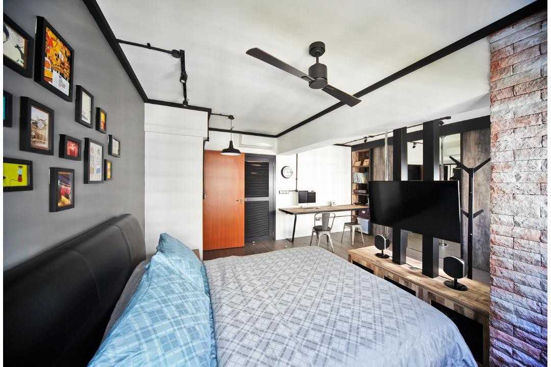 Industrial Bedroom with Ceiling Fan and Queen Bed