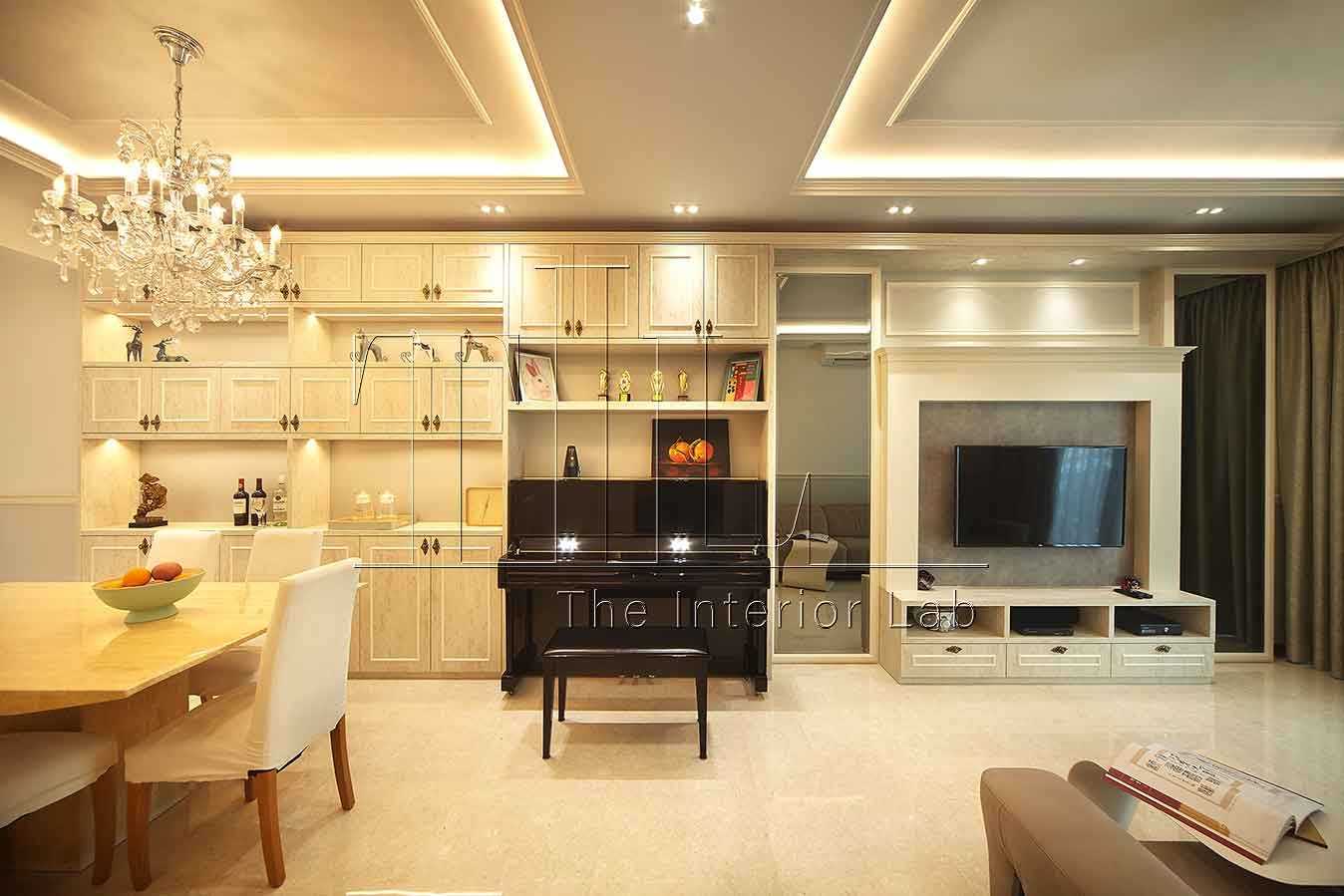Transitional Living Room with TV Console and Mirror