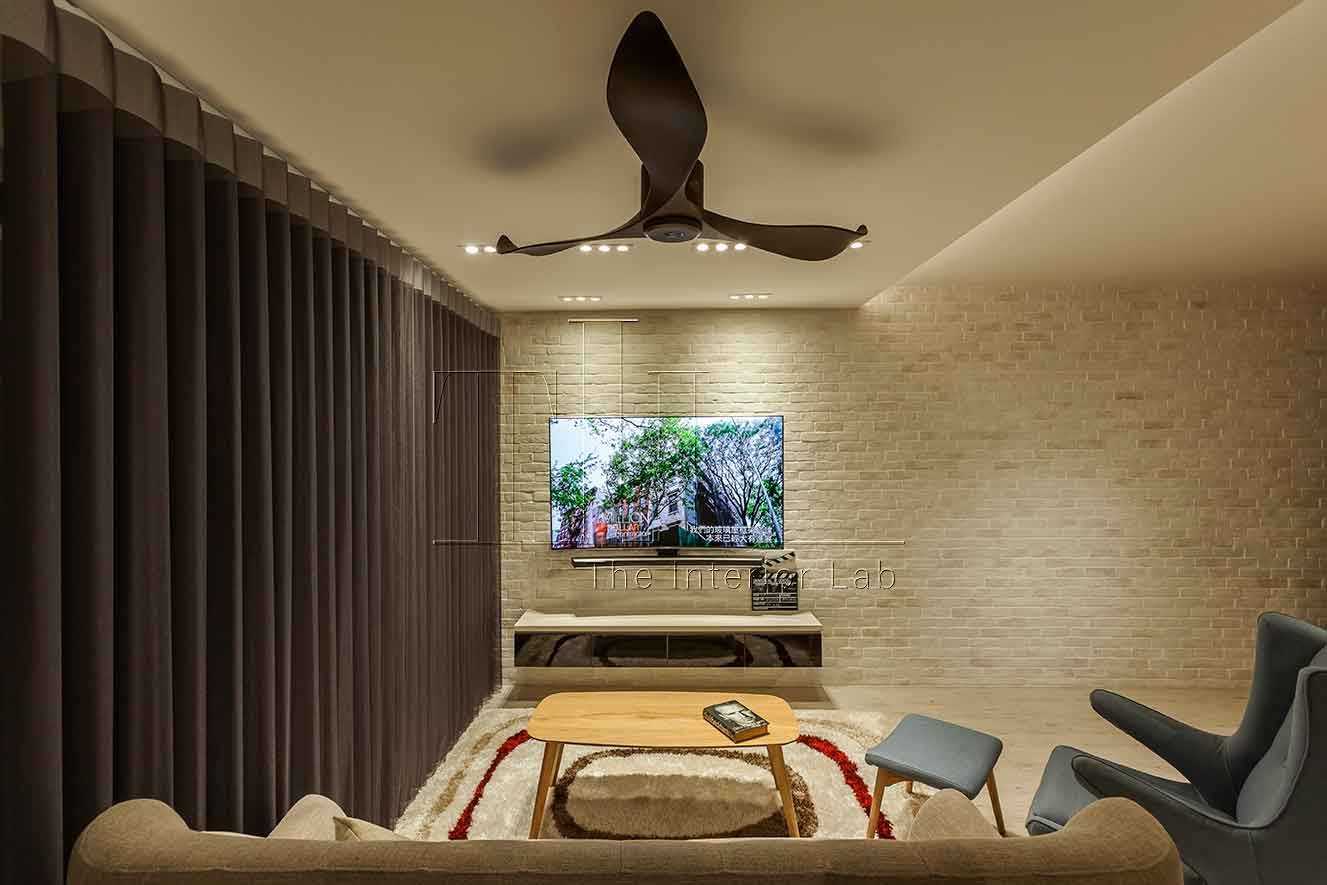 Eclectic Living Room with TV Console and Ceiling Fan