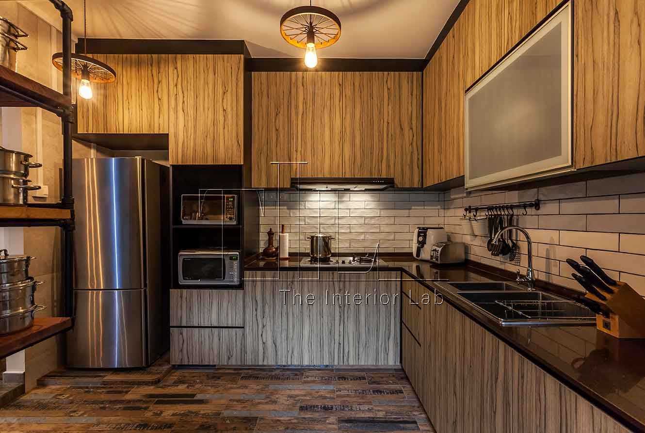 Industrial Kitchen with Wood Flooring and Kitchen Backsplash
