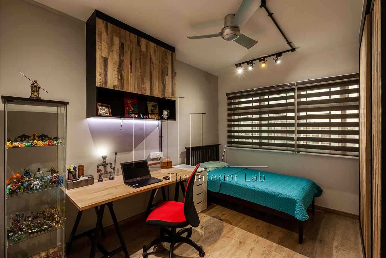 Industrial Bedroom with Window Shutters and Desk Chairs