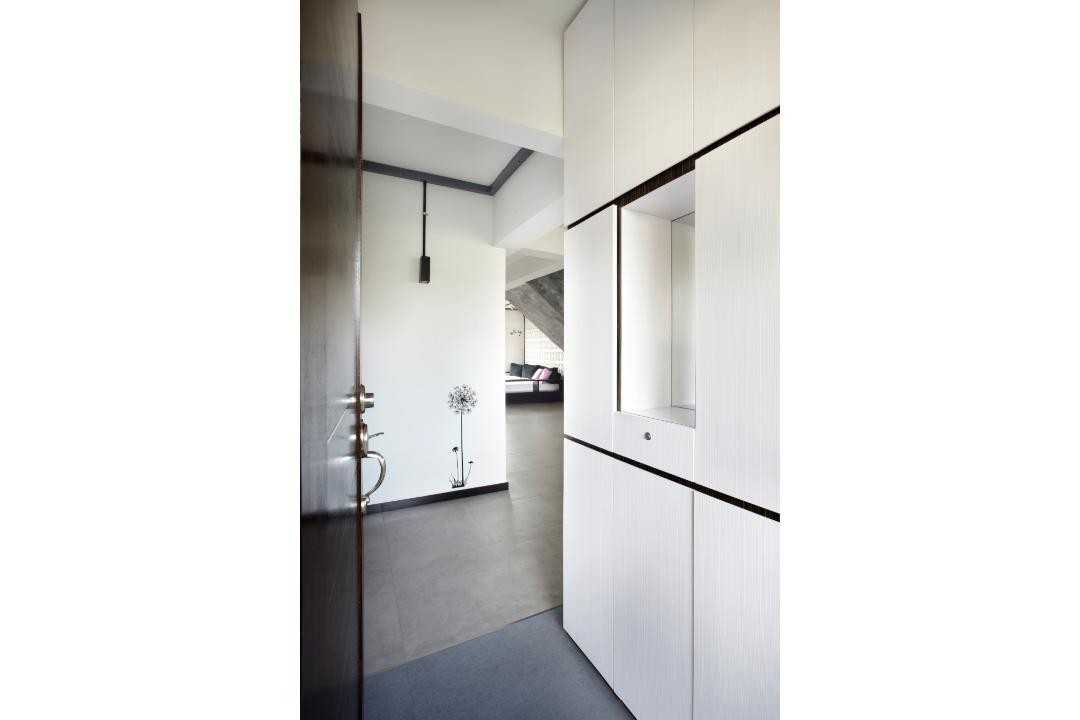 Industrial Hallway with Storage Cabinets and Doors