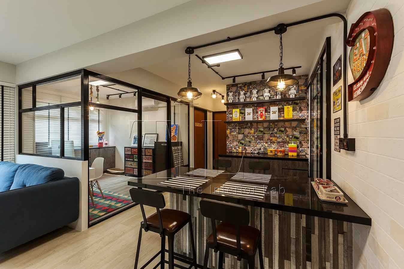 Industrial Dining Room with Feature Wall and Drop Light