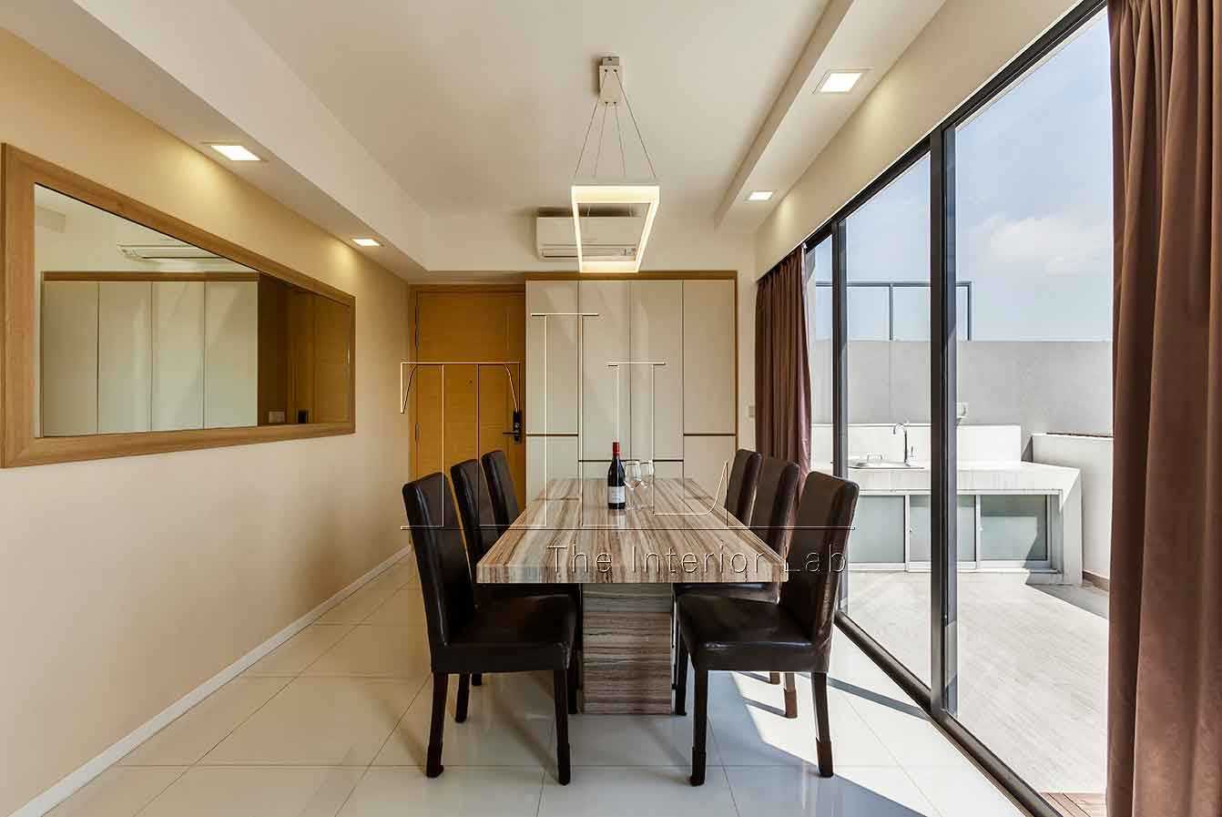 Modern Dining Room with Homogeneous Tiles and Mirror