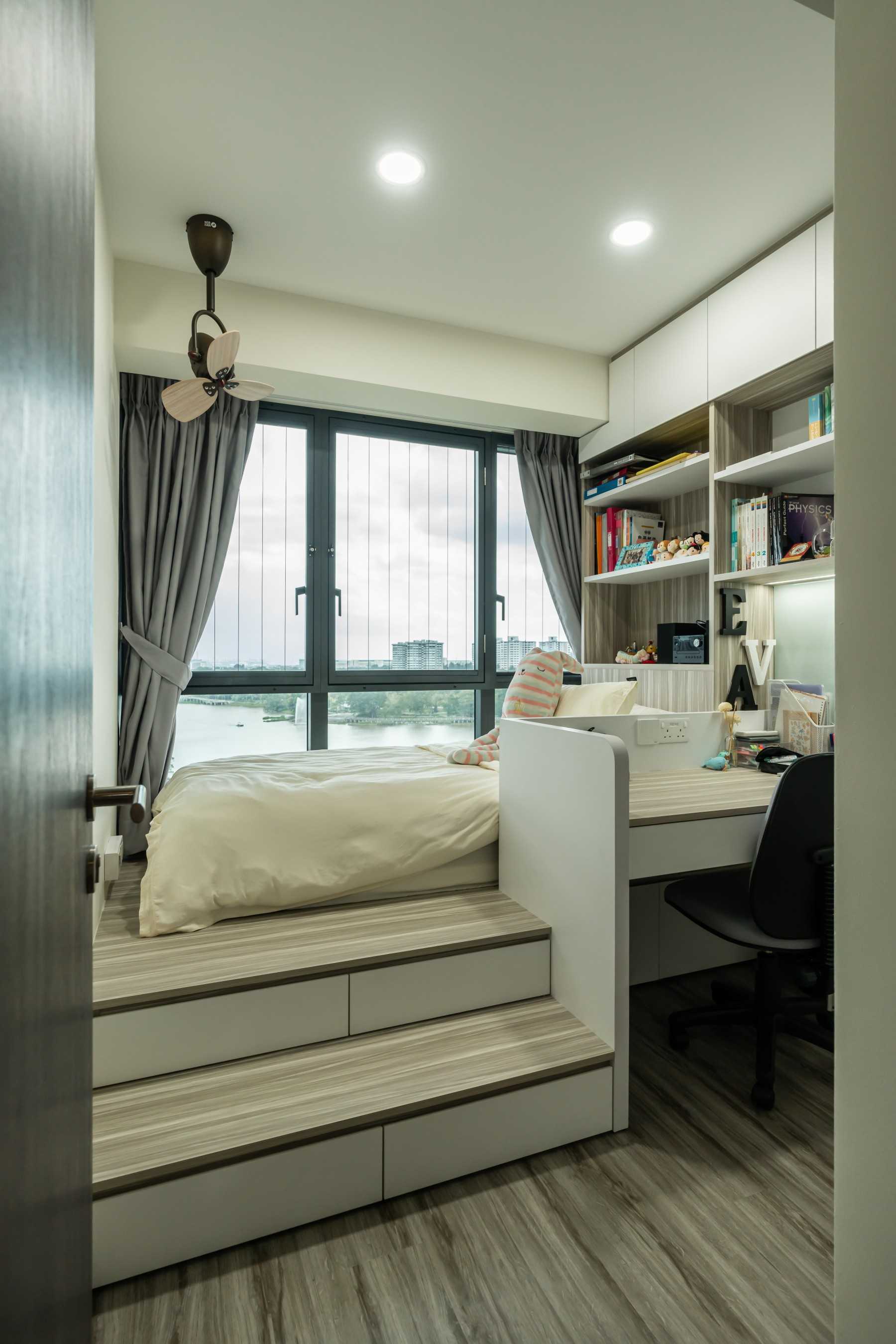 Modern Bedroom with Bookshelf and Platform Bed