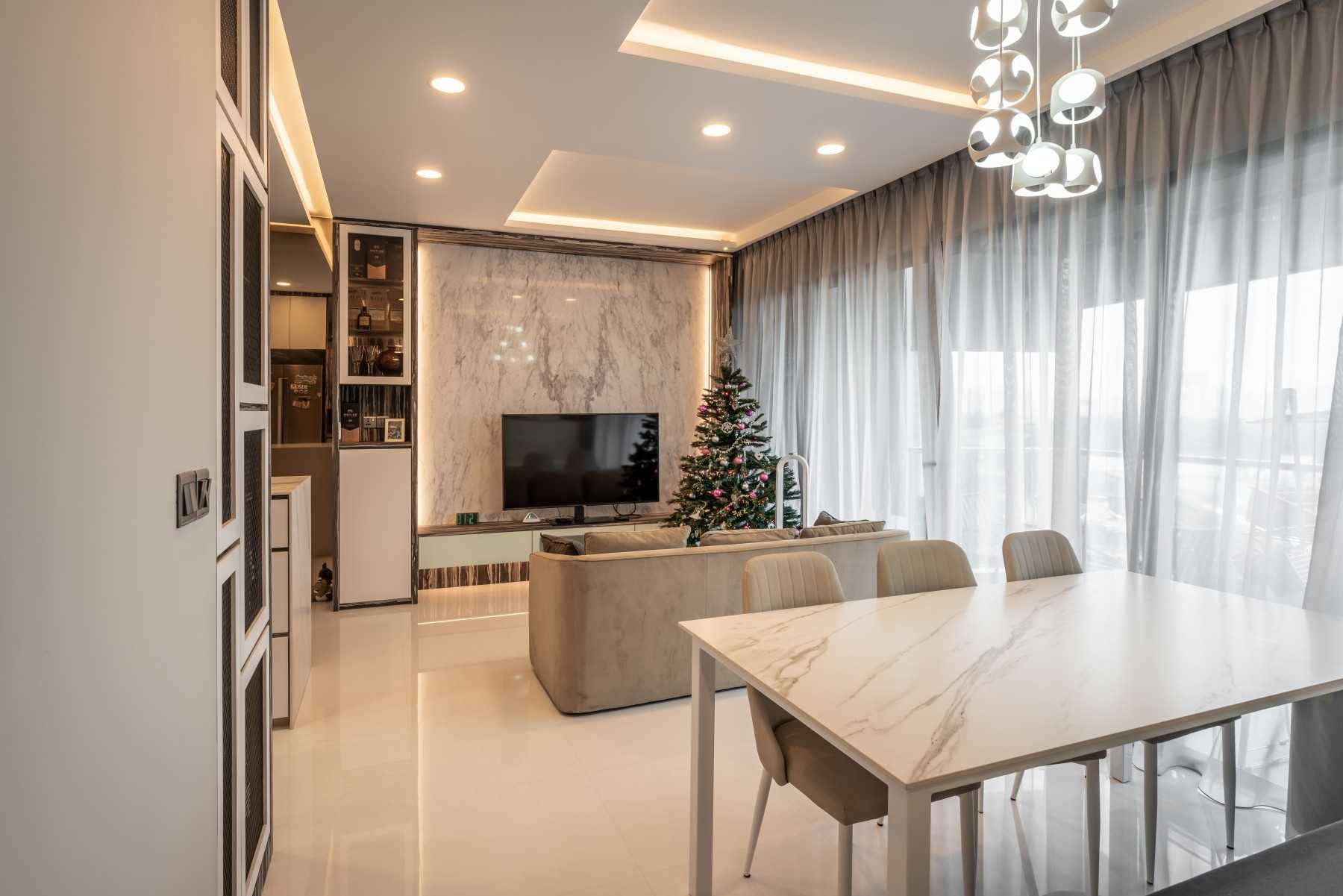 Modern Living Room with Marble Floor and Feature Wall