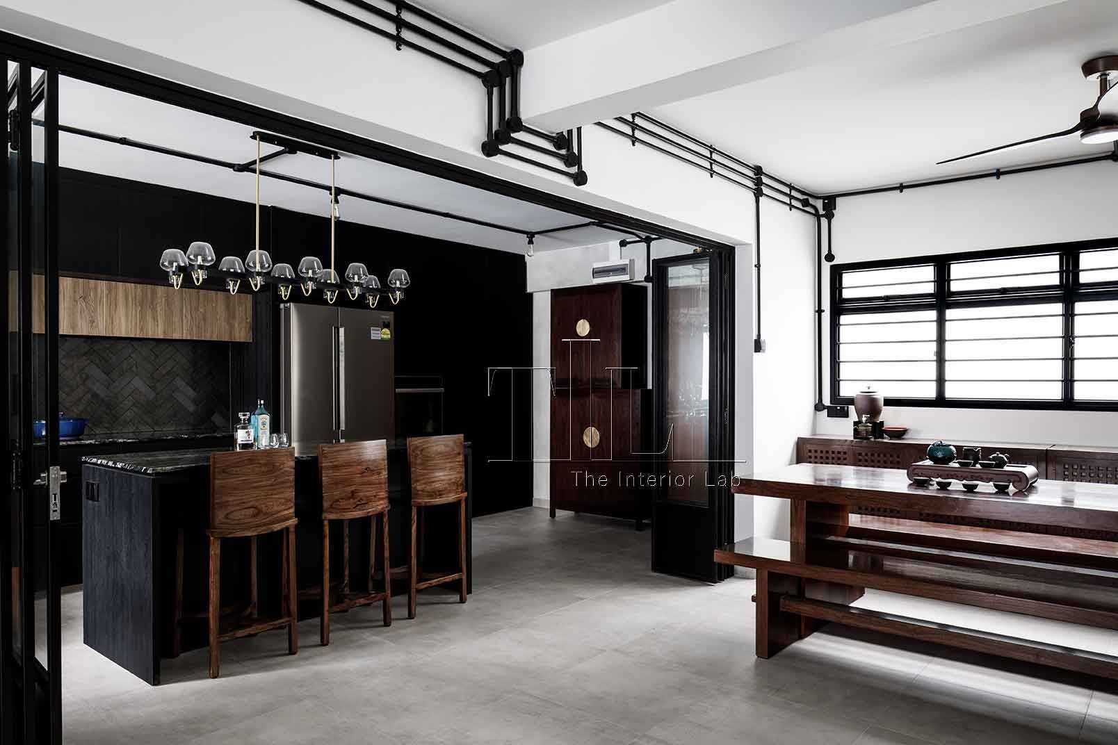 Industrial Kitchen with Homogeneous Tiles and Kitchen Window