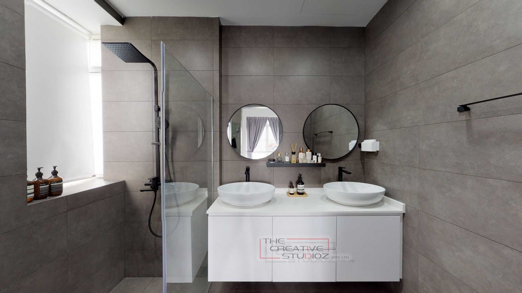Minimalist Bathroom with Homogeneous Tiles and Shower Screen