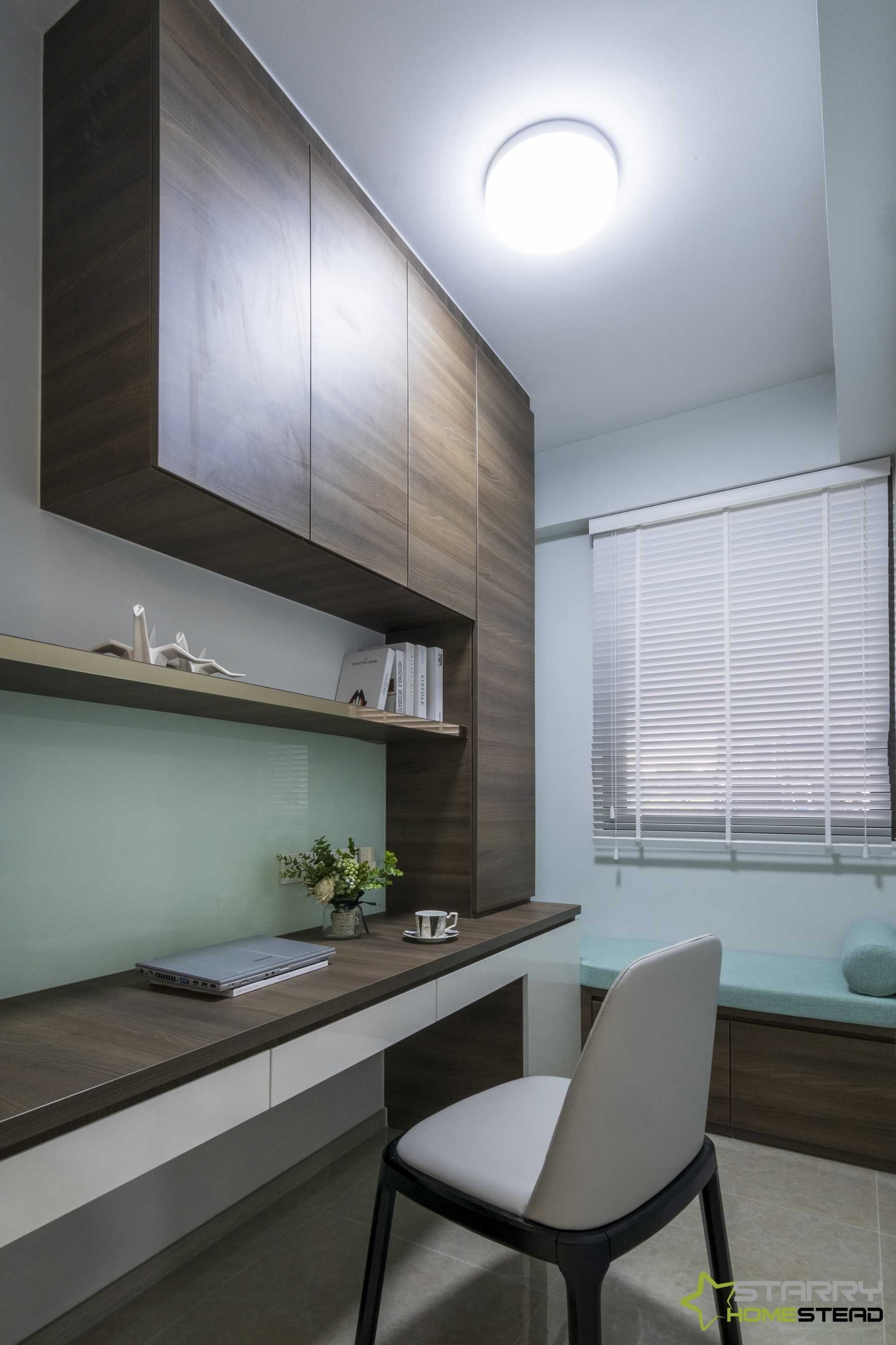 Modern Study with Desk Chairs and Wall Shelves