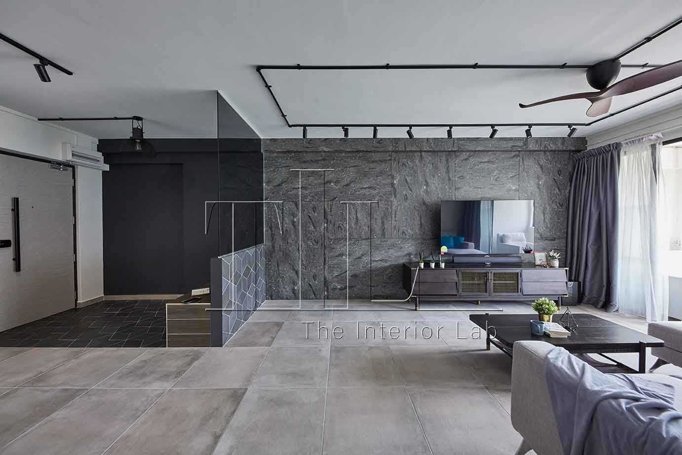 Eclectic Living Room with Homogeneous Tiles and Feature Wall