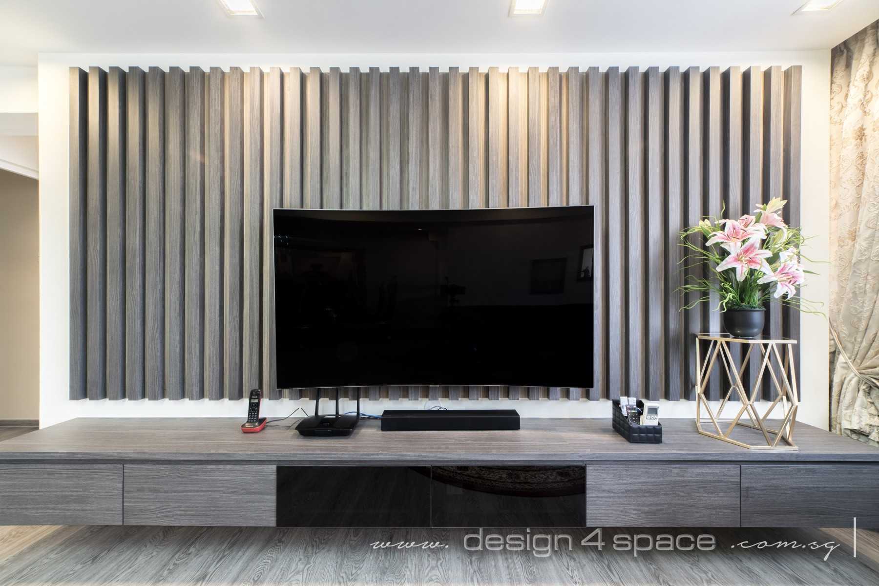 Asian Living Room with TV Console and Feature Wall