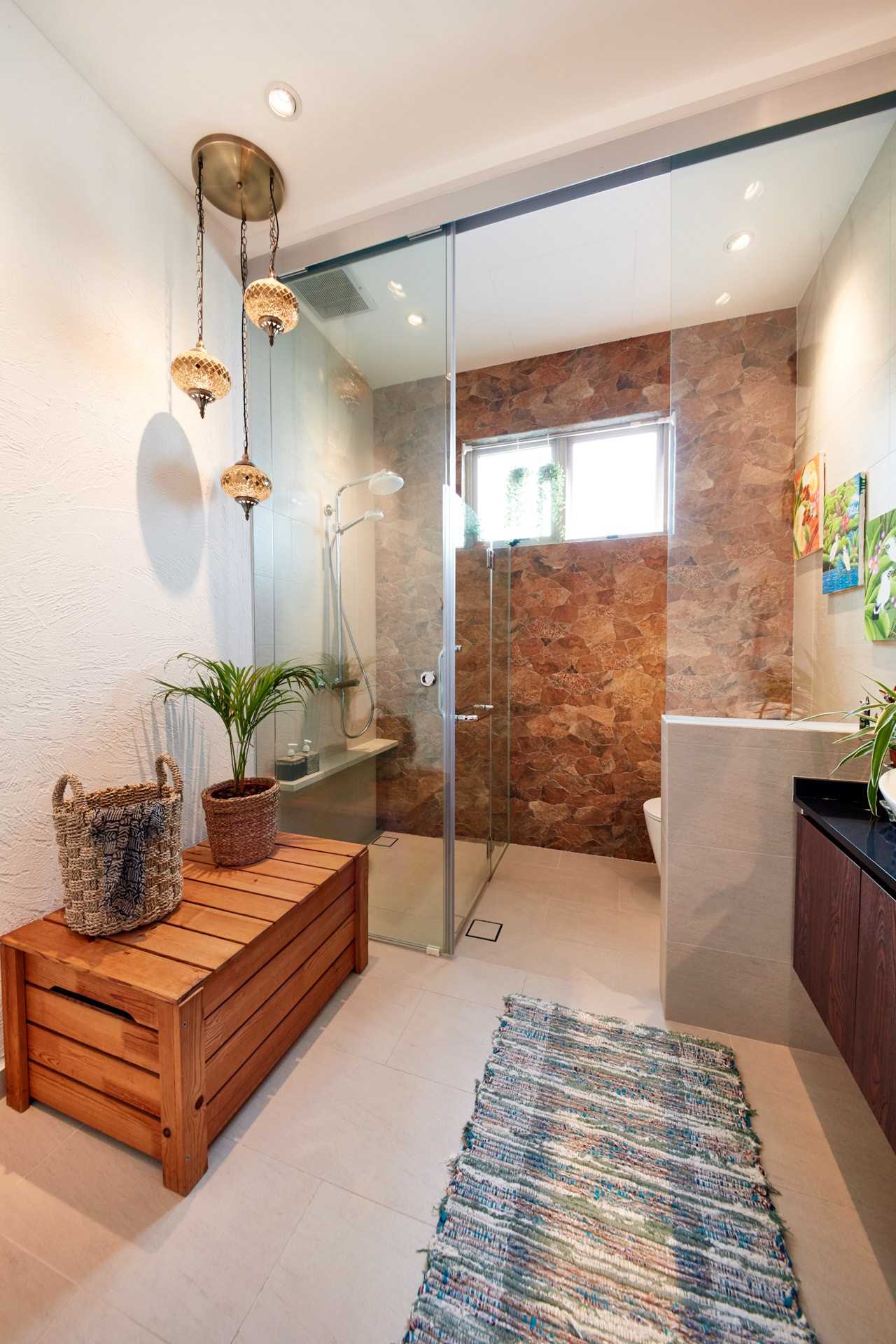 Country Bathroom with Drop Light and Bathroom Storage