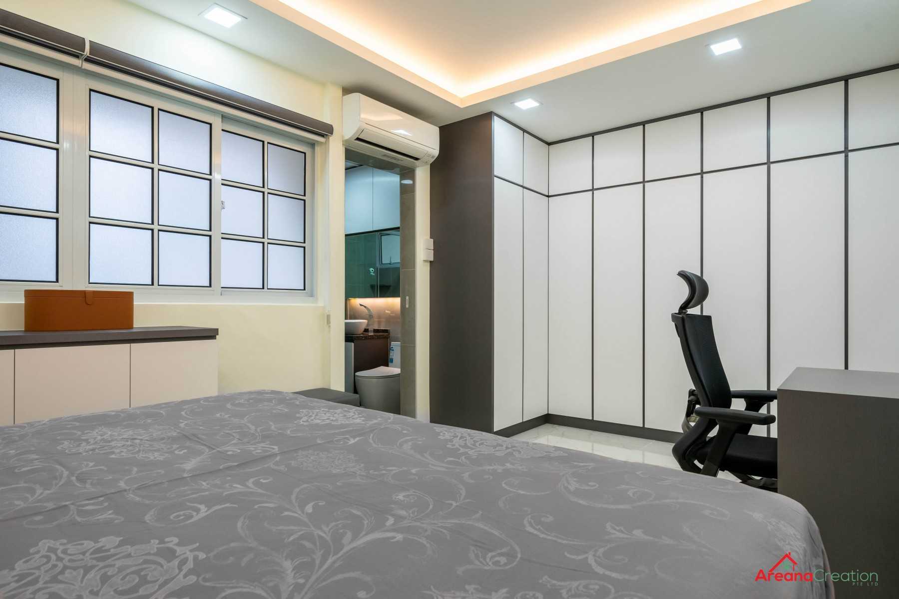 Contemporary Bedroom with Homogeneous Tiles and Bay Window