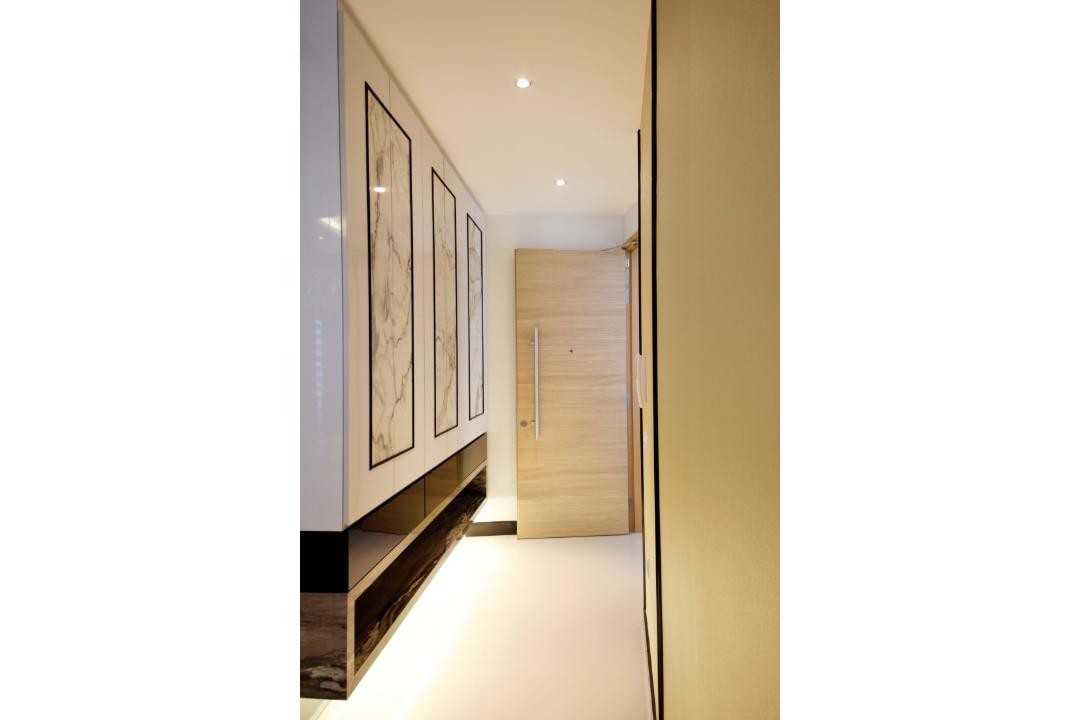 Contemporary Entryway with Feature Wall and Shoe Cabinets