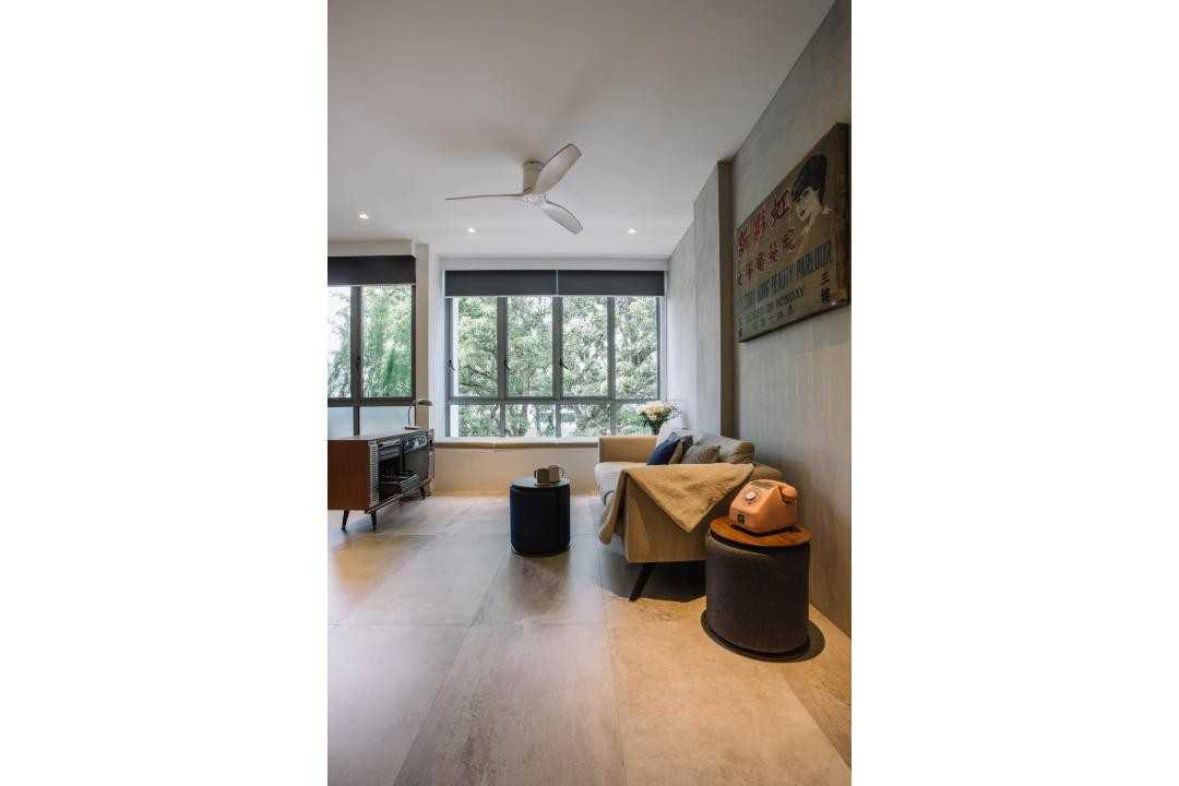 Minimalist Living Room with Cement Floor and TV Console