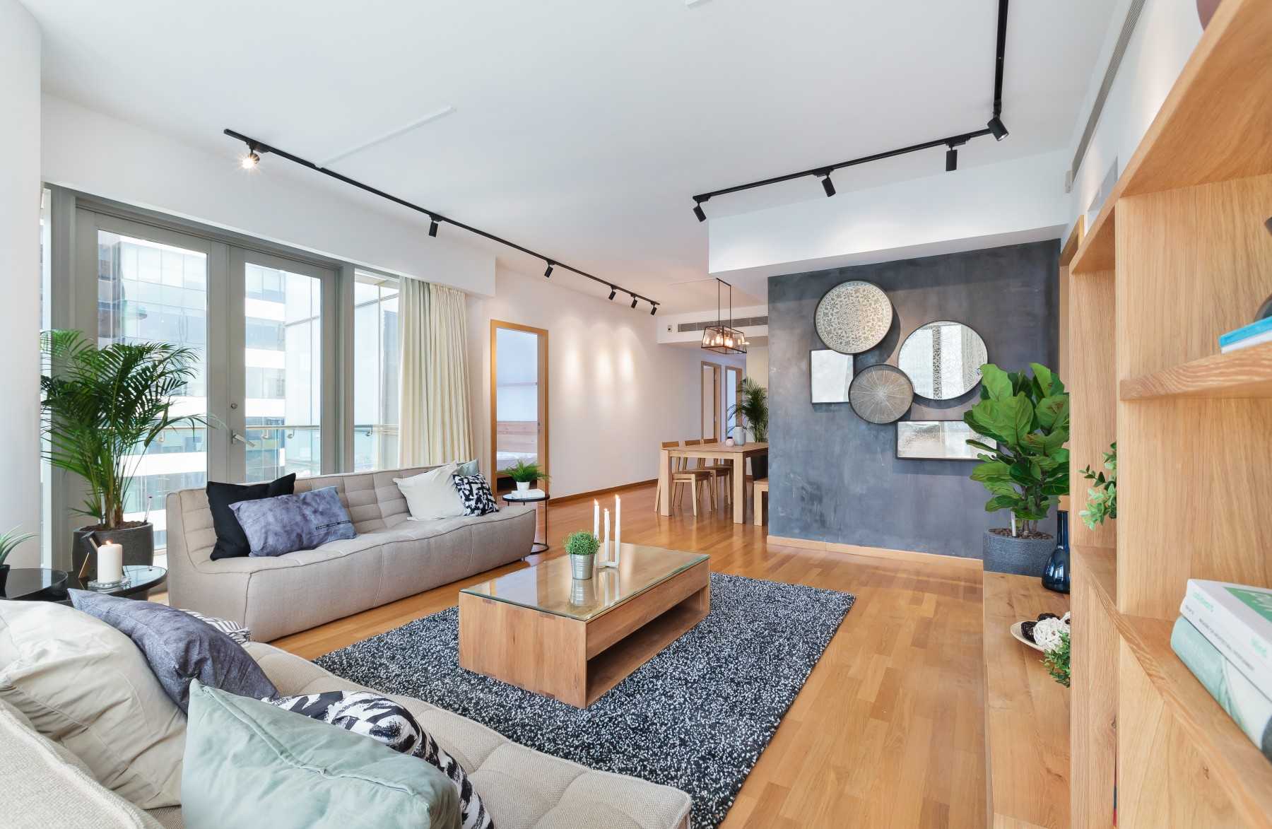 Scandinavian Living Room with Mirror and Wall Shelves