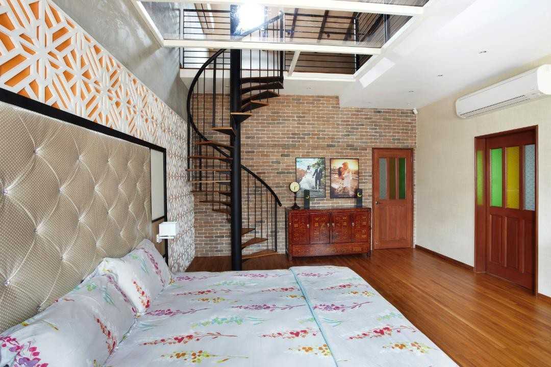 Eclectic Bedroom with Staircase and Sideboard