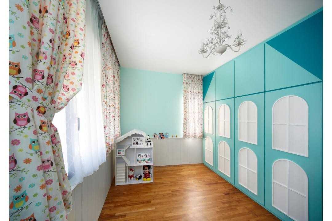 Eclectic Kids Room with Wood Flooring and Children's Storage