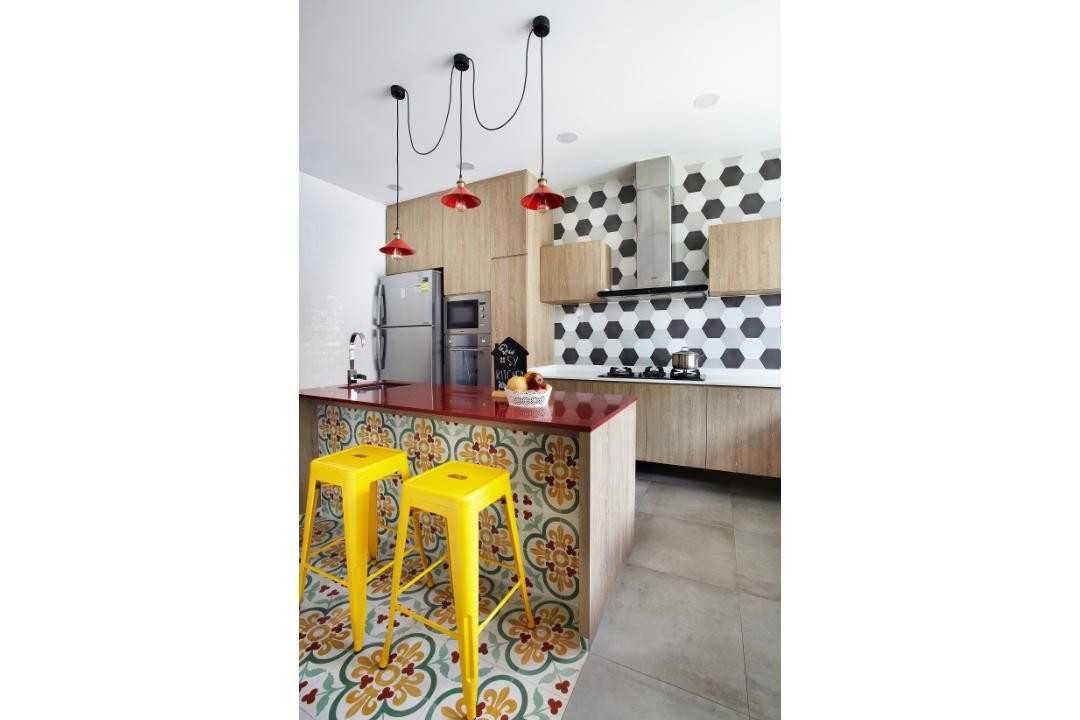Eclectic Kitchen with Bar Counter and Bar Stool