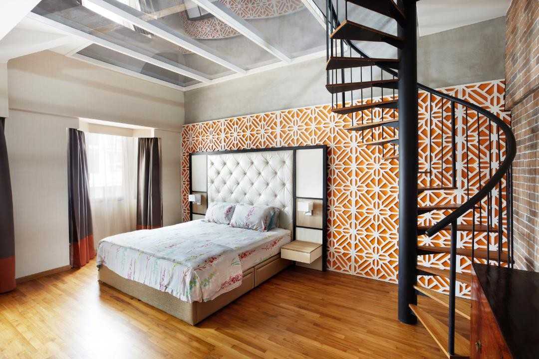 Eclectic Bedroom with Staircase and Queen Bed