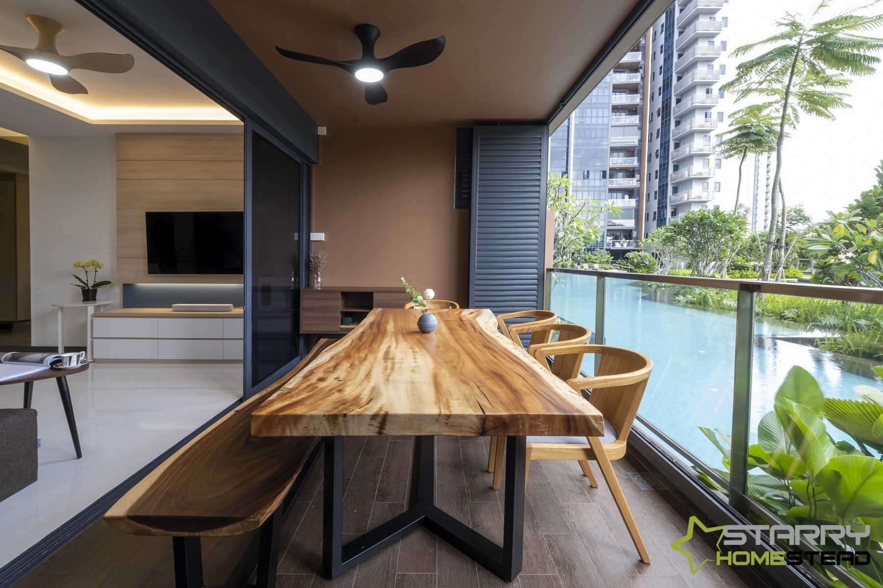 Contemporary Balcony with Outdoor Table and Seating Bench