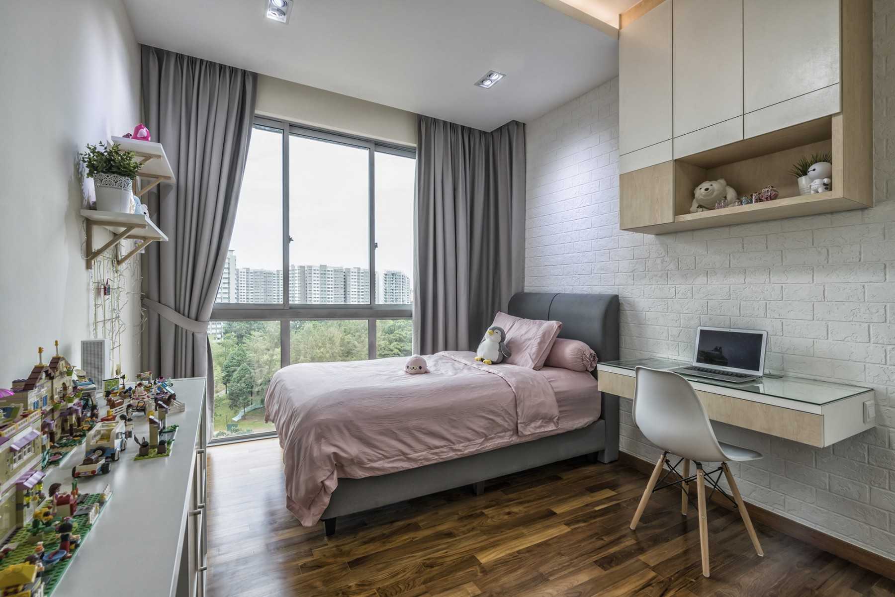 Modern Bedroom with Bookshelf and Homogeneous Tiles