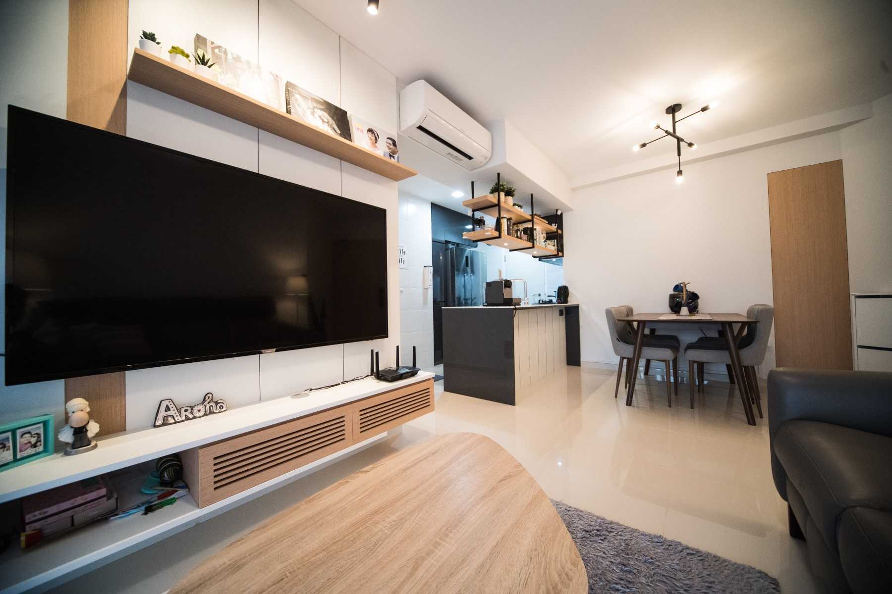 Contemporary Living Room with TV Console and Breakfast Counter