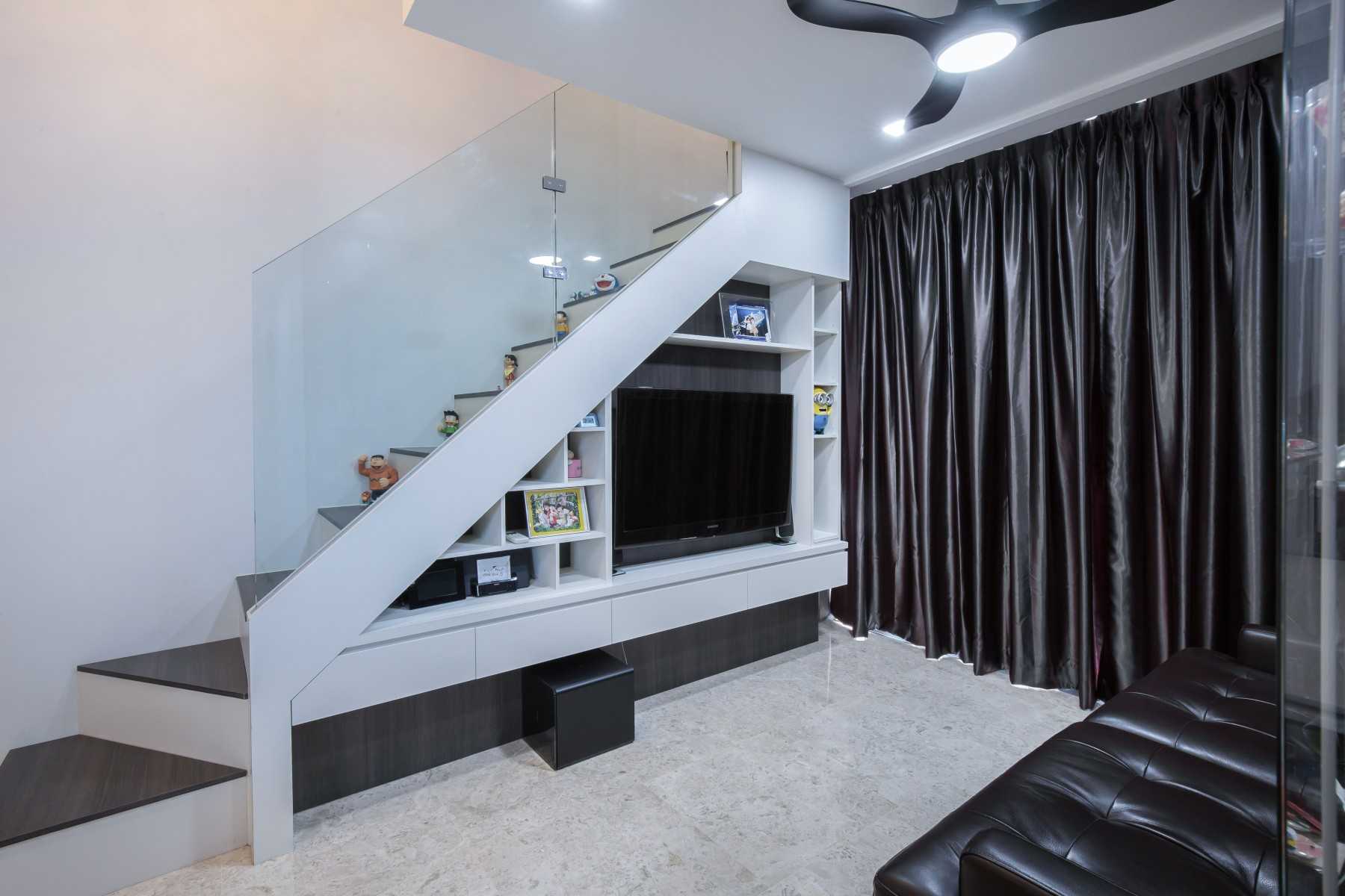 Contemporary Living Room with Bookshelf and Marble Floor
