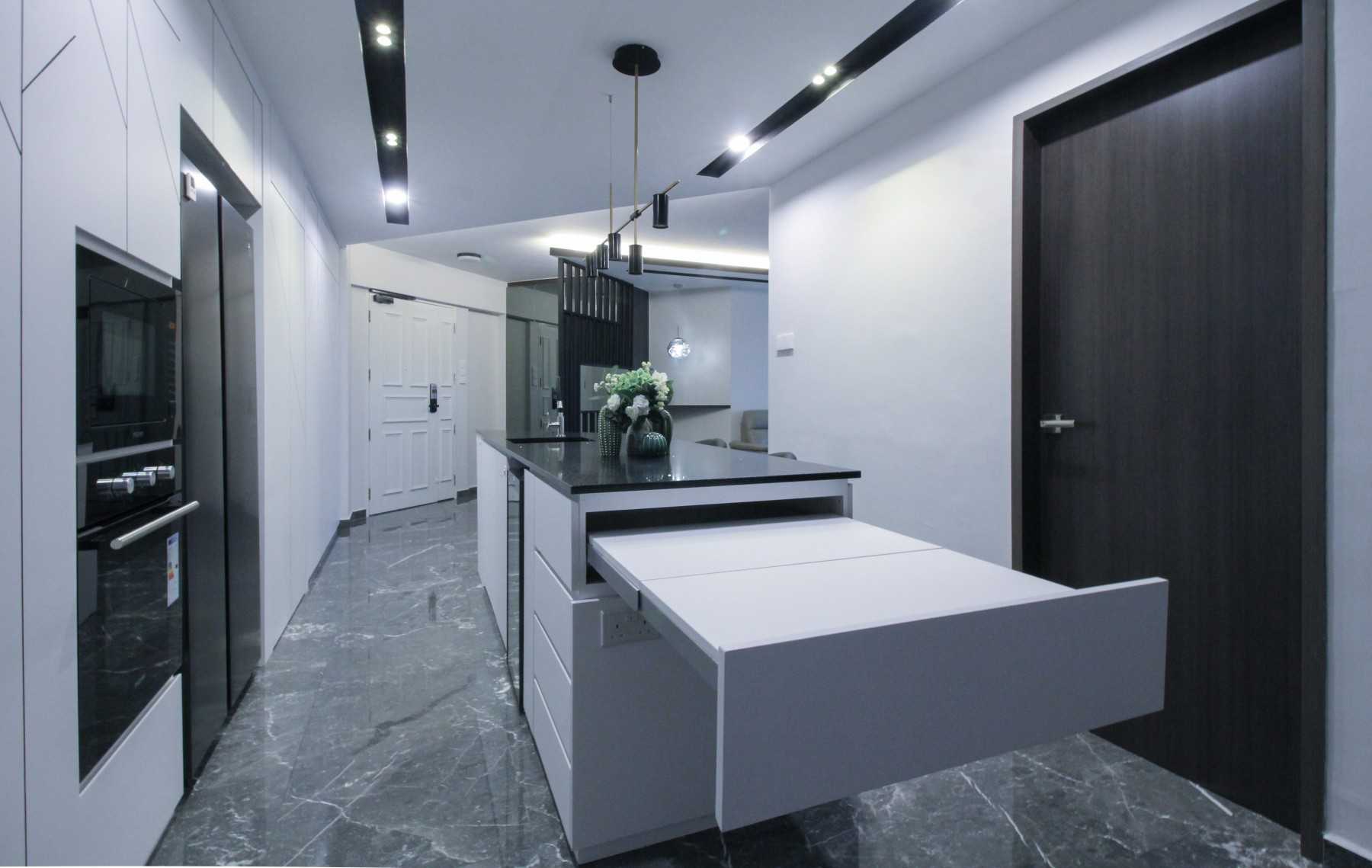 Minimalist Dining Room with Cove Lighting and Downlights