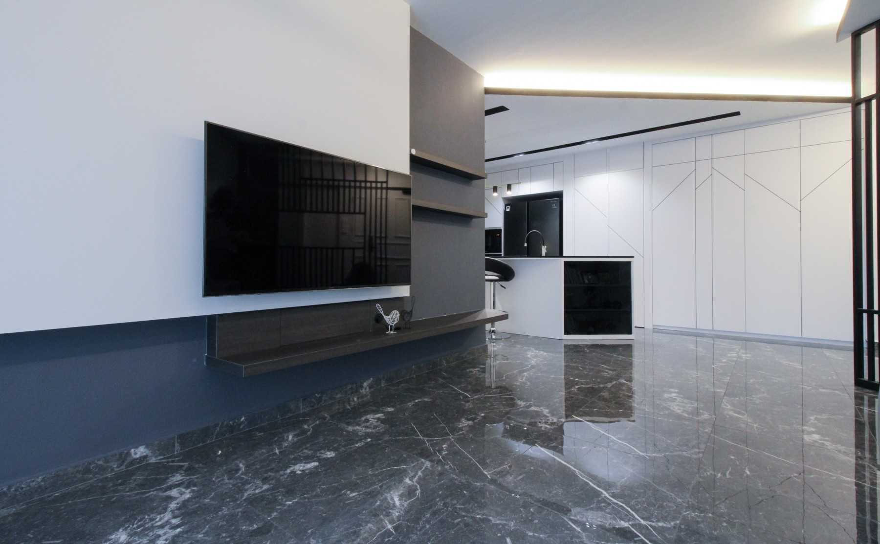 Minimalist Living Room with Homogeneous Tiles and TV Console