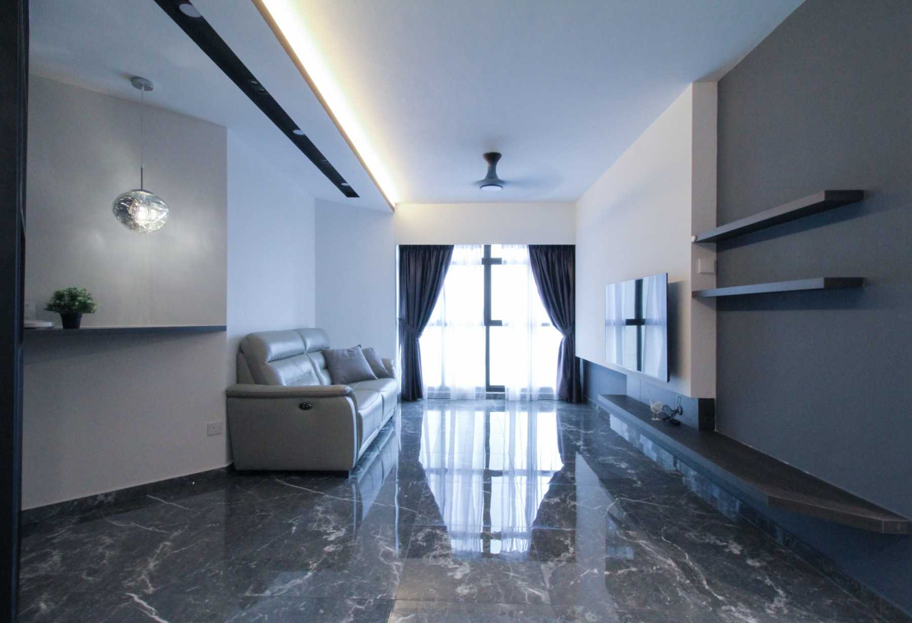 Minimalist Living Room with Homogeneous Tiles and Downlights