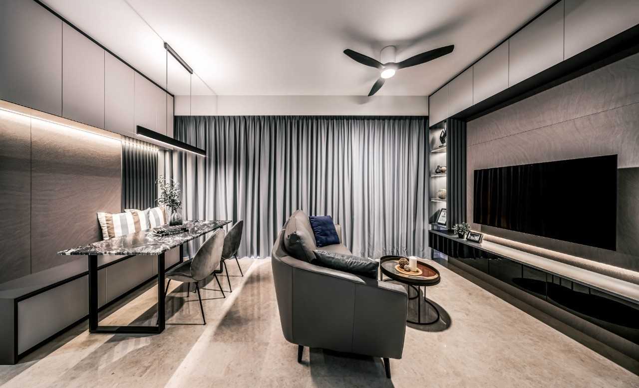 Contemporary Living Room with Feature Wall and Ceiling Fan
