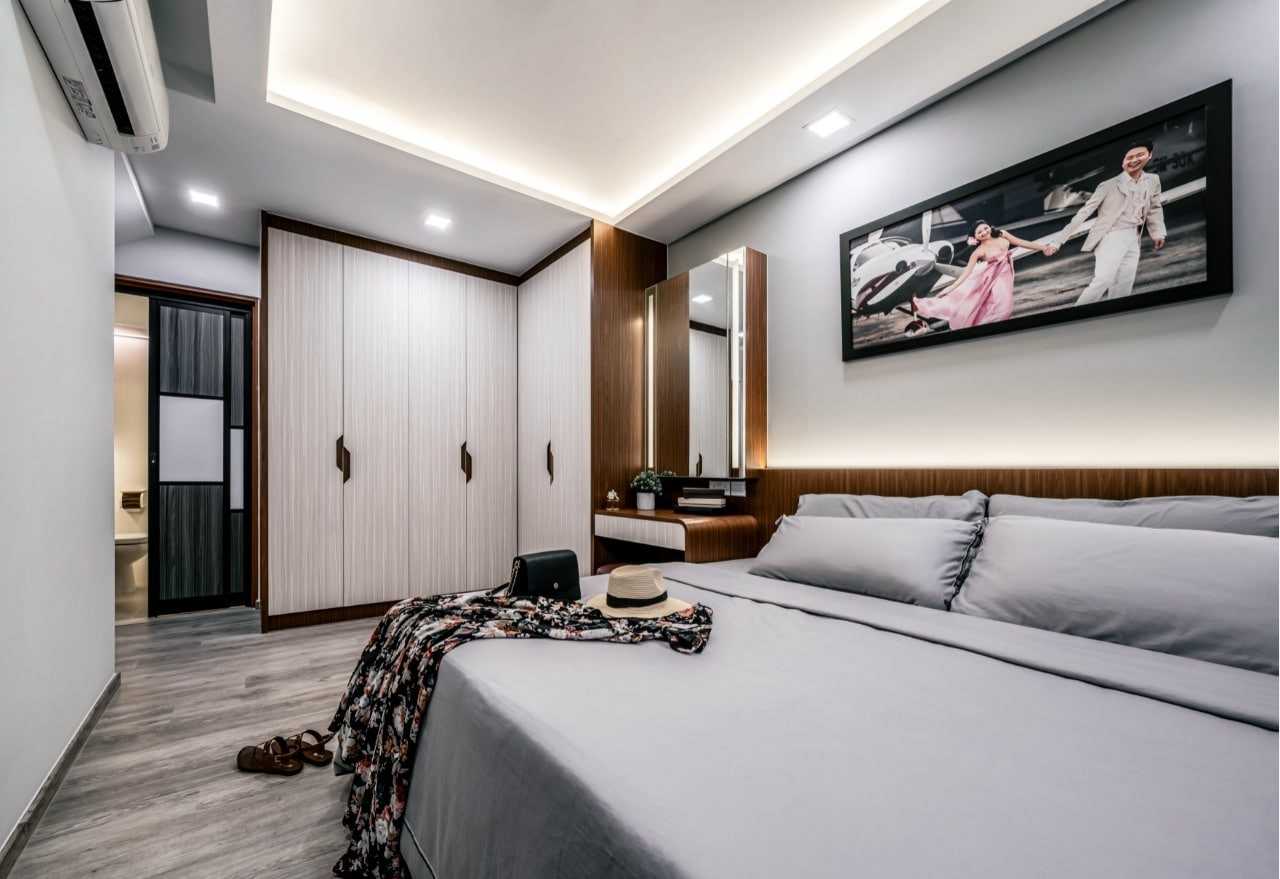 Scandinavian Bedroom with Vinyl Flooring and Storage Cabinets